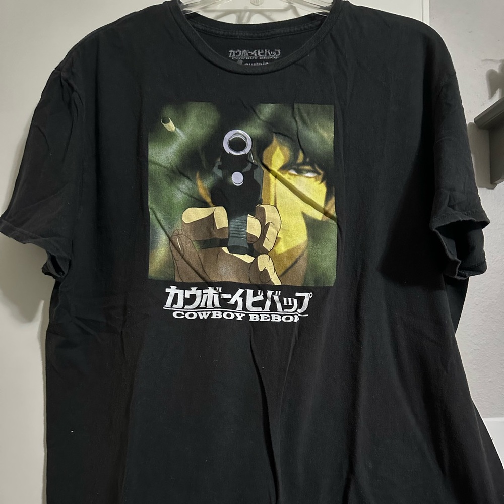 Men’s Cowboy Bebop black tee with character screen print, soft poly cotton blend
